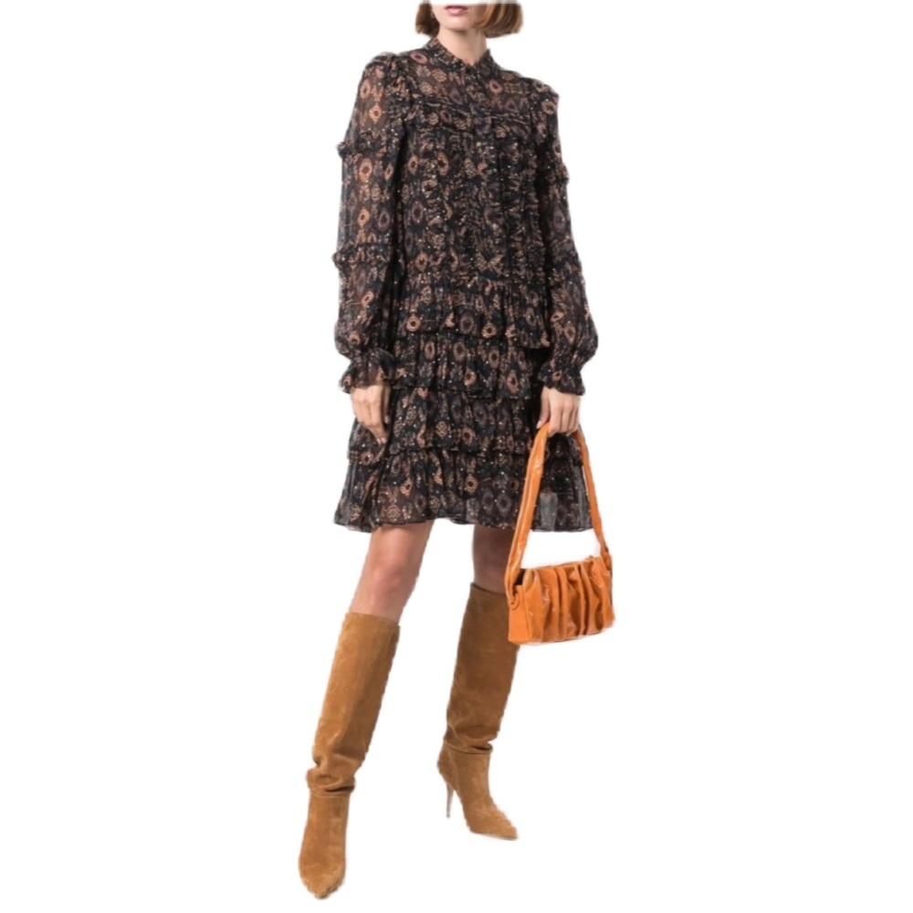 Ulla Johnson Esma Mini Dress Onyx Ikat Ruffle Silk Georgette Metallic Size 2